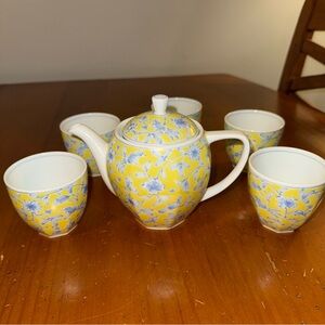 Japanese Tachikichi Porcelain Tea Set Yellow And Blue Floral Bird Scene